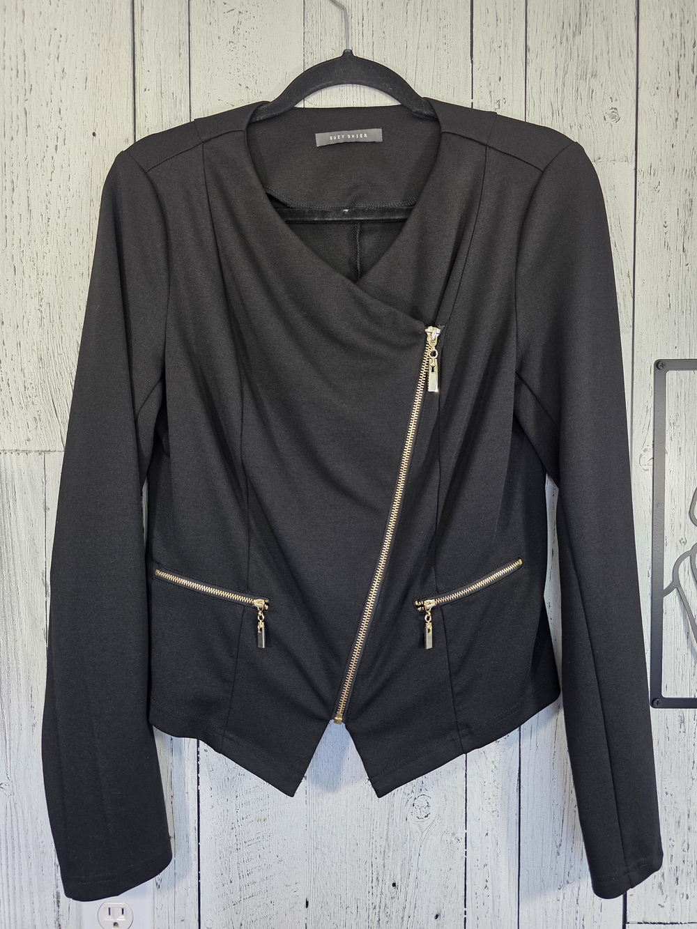 Suzy Shier Black Moto Blazer Jacket Size M Gold Zippers Stretch Office Workwear